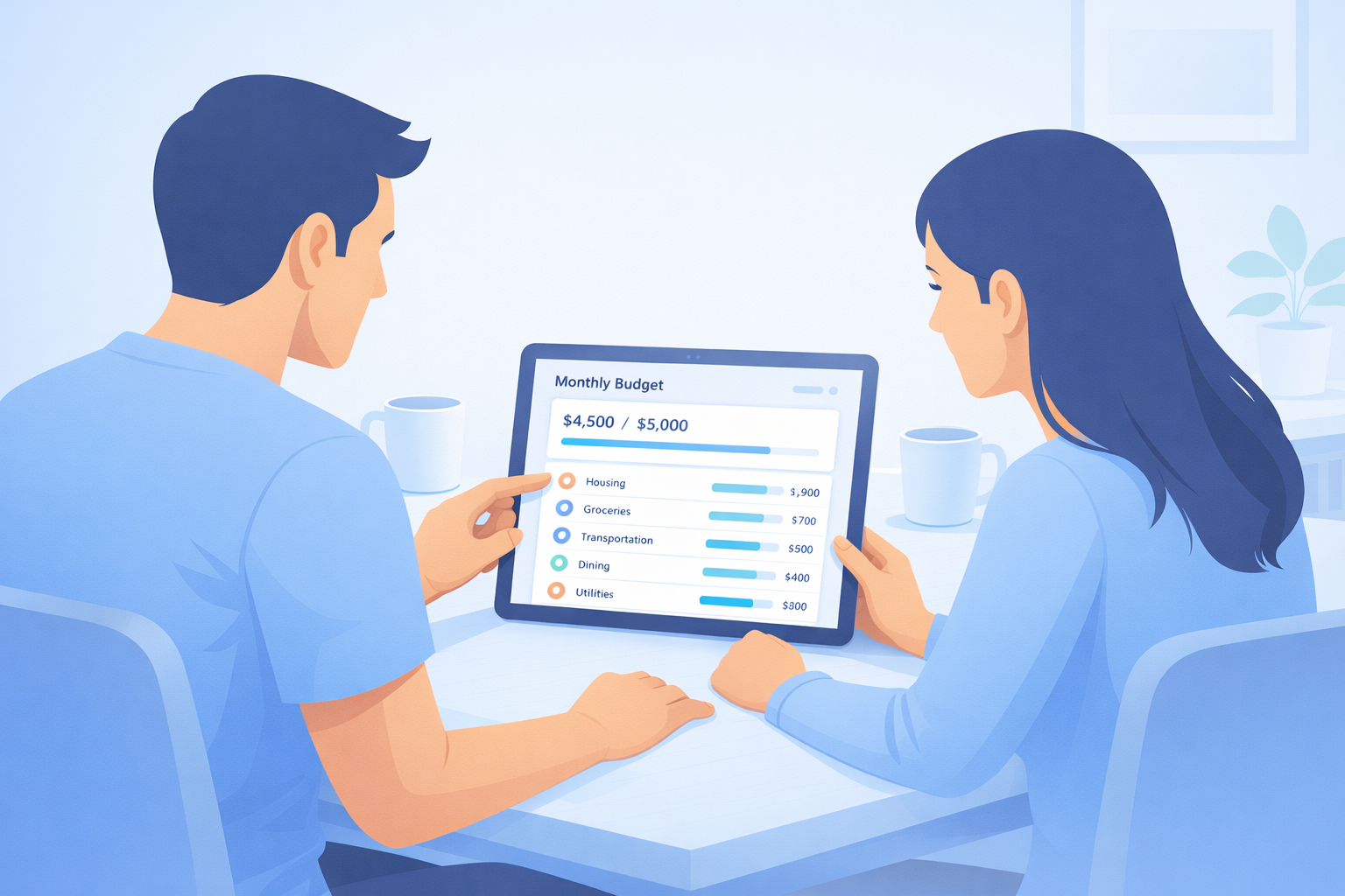 Family reviewing monthly budget categories on a tablet