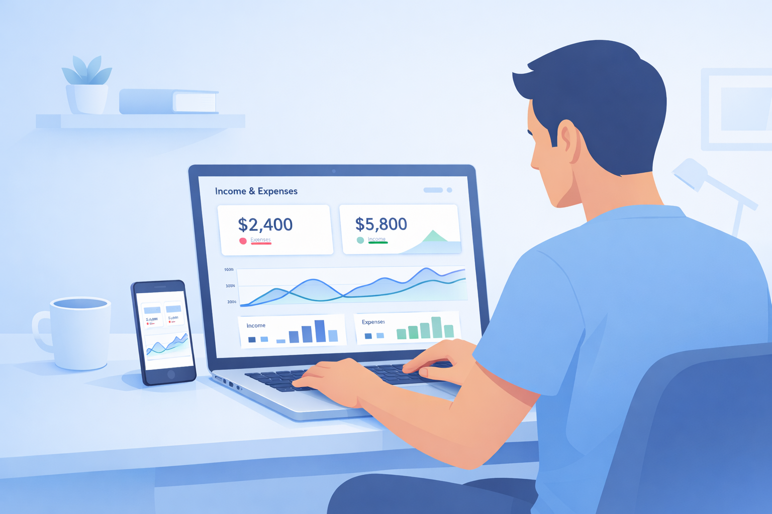 Freelancer reviewing income and expense dashboard on a laptop