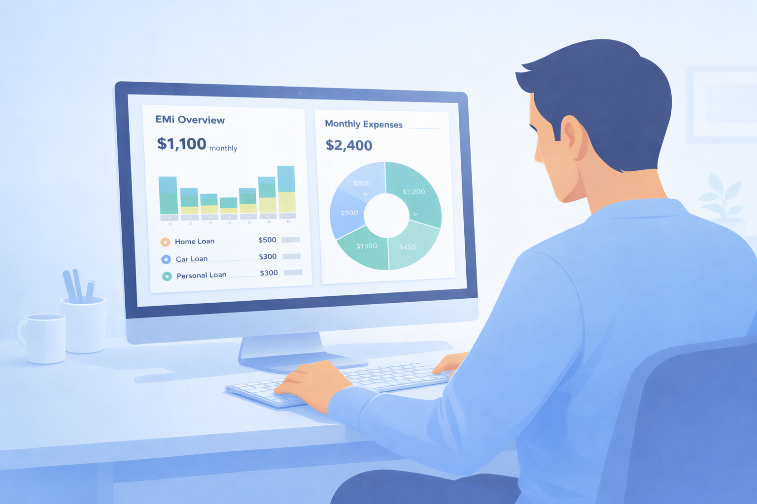 Professional reviewing EMI and expense dashboard on desktop