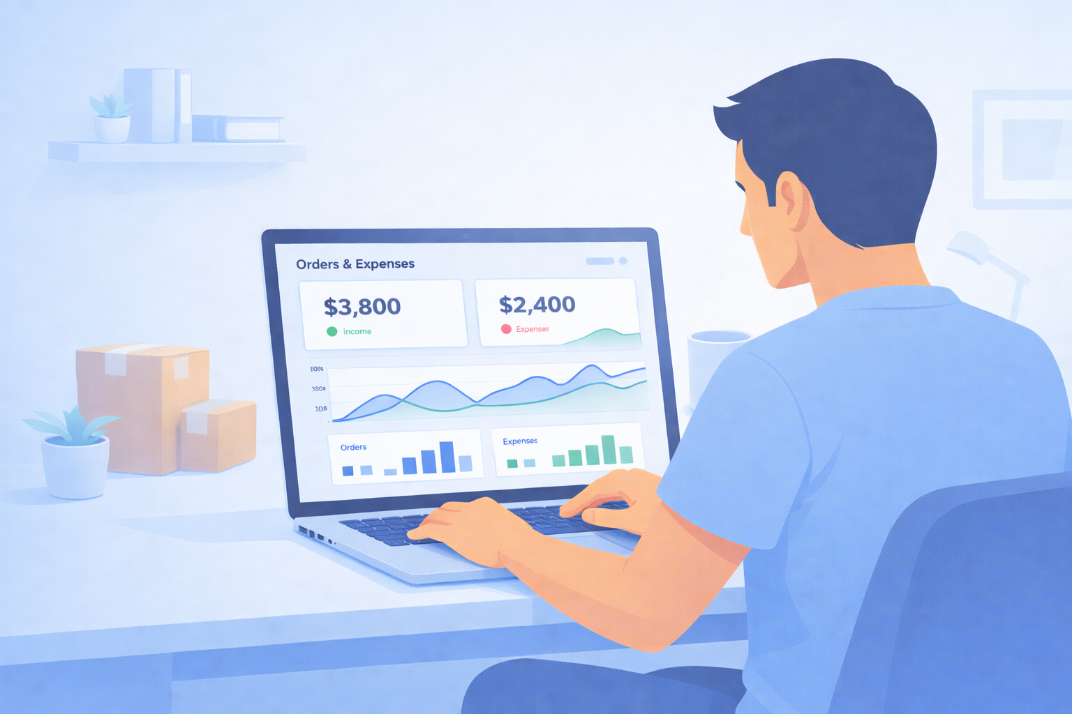 Side hustler managing sales and expenses on a laptop dashboard