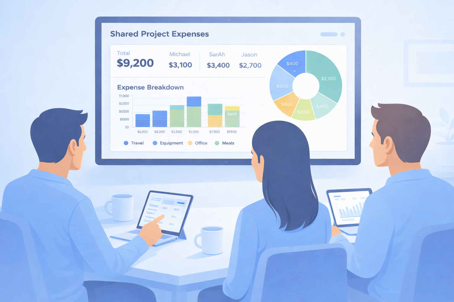 Small team reviewing project expense summary together