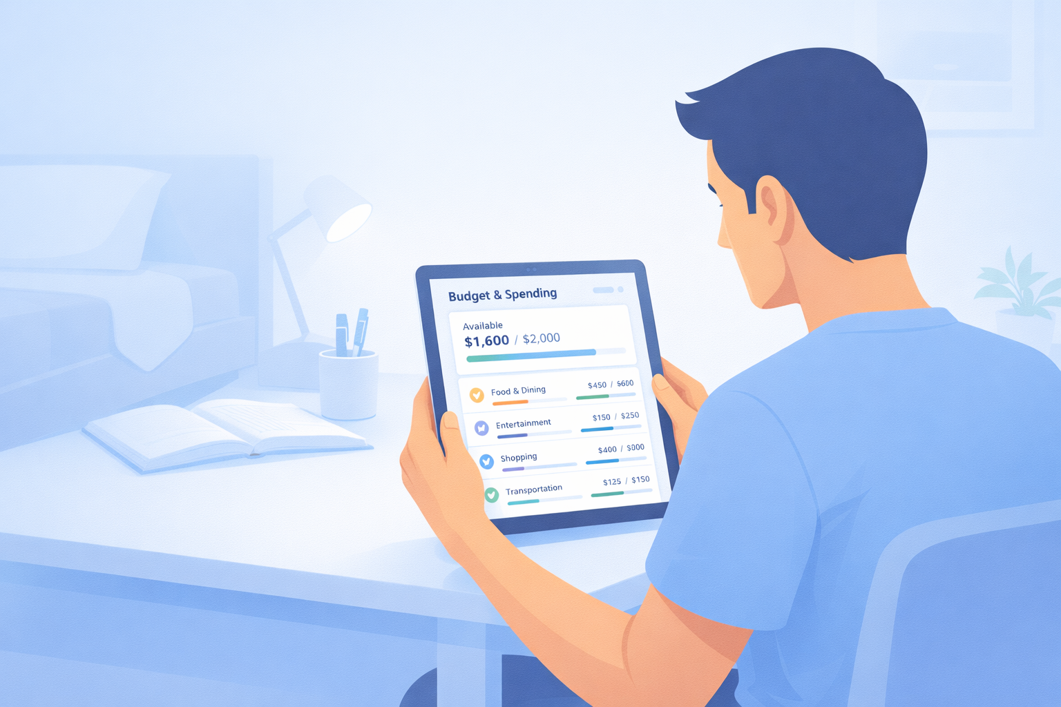 Student checking monthly spending chart on a tablet